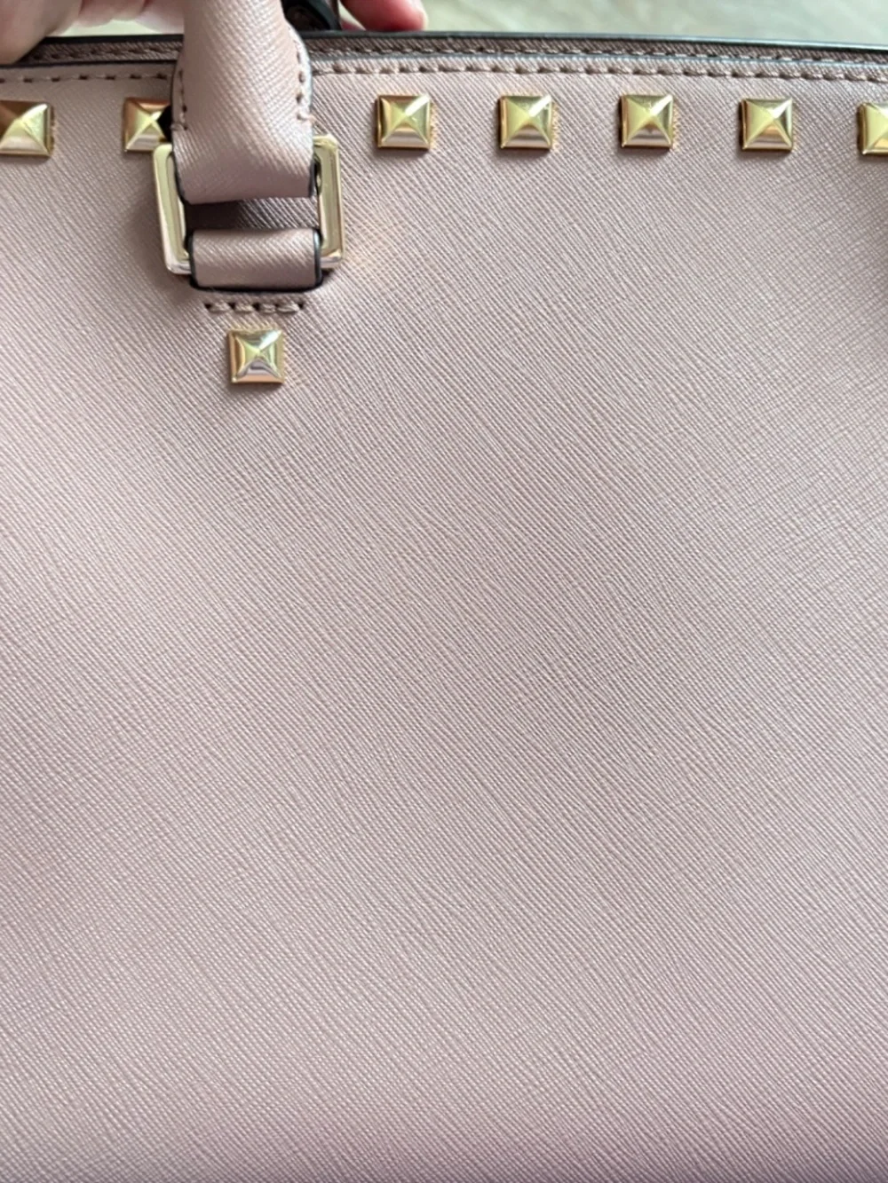 Michael Kors Selma Studded Medium Saffiano Leather Satchel Pink Gold Hardware